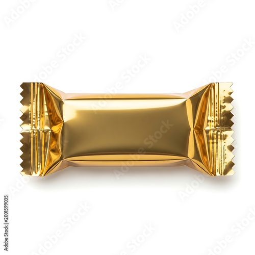 Shiny gold foil wrapped candy bar resting on a plain background