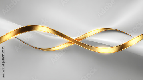 Abstract gold ribbon infinity curve line minimal geometric elegant luxury background with smooth metallic wave flowing across white backdrop, creating modern design with calm refined motion