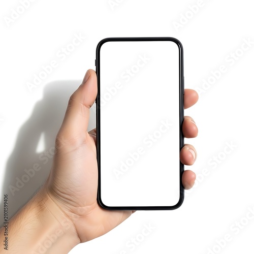 A hand holding a modern smartphone with a blank screen against a plain background