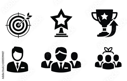 Achievement and success icons a silhouette collection representing goals awards leadership and teamwork