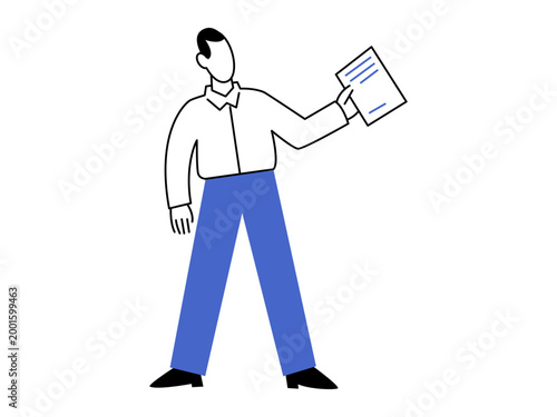 Man holding a paper document vector illustration. Business report, legal contract, office work, corporate success, management, administration. Male employee displaying a sheet of paper and showing