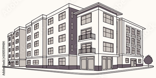 Obraz na plátne Corner view of a modern apartment building with balconies and storefronts modern
