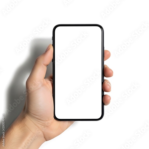 A hand holding a smartphone with a blank screen against a plain background