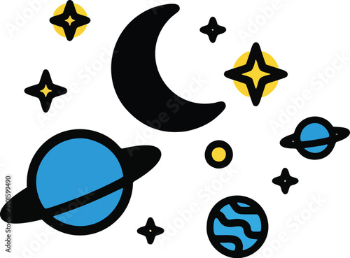 Outer Space Planets And Stars. Cosmic outer space scene featuring distant planets, a crescent moon, and shining celestial stars.