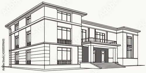 Elegant two-story residential building with balcony and large real estate line art house plan detached house building residential architecture exterior property structure illustration