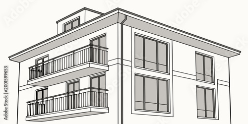 Corner view of apartment building with balconies line drawing line art real estate multi story building design architectural drawing modern apartment residential building balcony railing