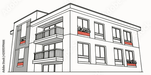 Apartment building exterior line drawing with balconies line art real estate multi story building design architectural drawing modern apartment residential building balcony railing apartment