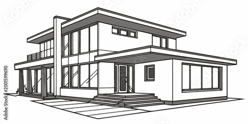 Contemporary two-story residence drawing with large architectural drawing modern home modern architecture real estate line art house plan home design modern exterior residential building
