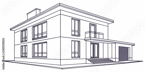 Modern two-story house outline with garage real estate residential building architectural drawing house plan home design modern architecture single family home residential property line art