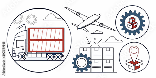 Cargo truck with shipping container and delivery icons airplane boxes gears supply chain logistics delivery transportation shipping airplane location warehouse movement tracking commerce
