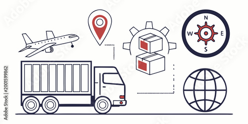 Global logistics and delivery process with airplane truck boxes compass supply chain logistics delivery transportation shipping airplane location warehouse movement tracking commerce