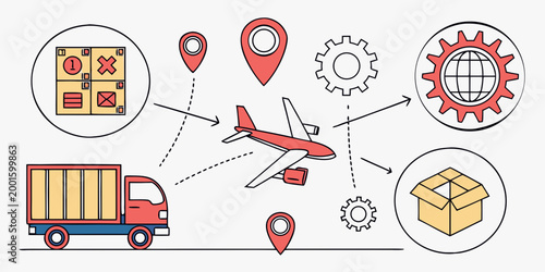 Airplane and truck logistics with package delivery icons gears location pins supply chain logistics delivery transportation shipping airplane location warehouse movement tracking commerce