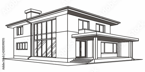 Modern house architectural drawing exterior view black and white outline real estate line art architecture drawing house design residential building home design property development building