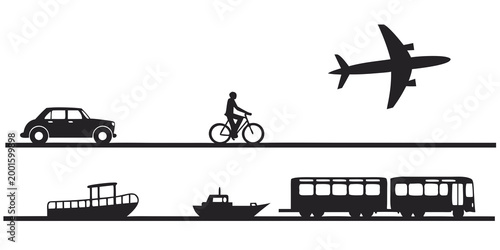 Diverse transportation modes including air land sea silhouette graphics with air travel vehicle types transport icon transport collection transport graphic transportation icons transportation