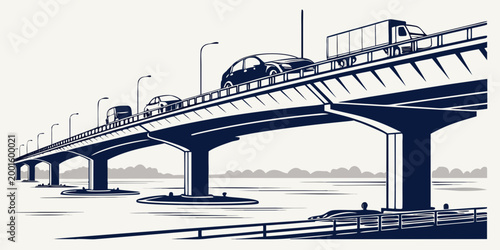 Fotografie Traffic on a wide bridge over water with black and white line art car traffic tr