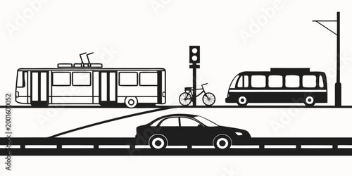 City traffic scene with a tram bus bicycle car on a road with a traffic light public transport rush hour daily life white background dark blue transport network transport illustration