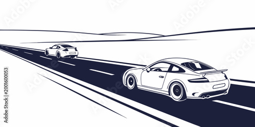 Two modern sports cars driving on a long straight highway road in a minimalist outline illustration style with sports car white background black outline dark blue fast car line art illustration