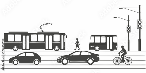 Urban street scene with a tram bus cars cyclist pedestrian in silhouette public transport rush hour daily life white background dark blue transport pedestrian illustration silhouette