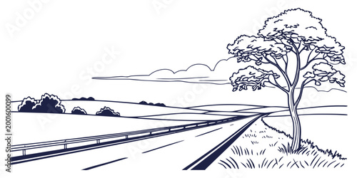 Line drawing of a scenic highway stretching through rolling hills with a lone tree and guardrail under a cloudy sky white background landscape countryside transportation guardrail outdoors