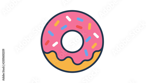 Pink frosted donut with colorful sprinkles, flat design vector illustration