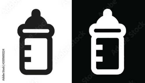 Baby bottle icon silhouette in black and white, flat design with measurement markings, scalable vector illustration