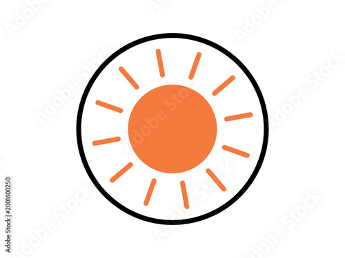 Orange sun icon with rays inside a black circle vector illustration. Weather forecasting, solar energy, summer vacation, climate change, morning light, renewable power. Sunshine symbol in frame