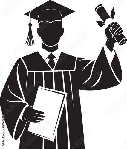 Slika na platnu In a celebratory pose, a graduate student silhouette proudly holds aloft a diploma
