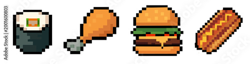 Banner Set of A collection of pixel art fast food icons featuring a sushi,hamburger, chicken and hot dog in a retro 8-bit video game vector graphic design	