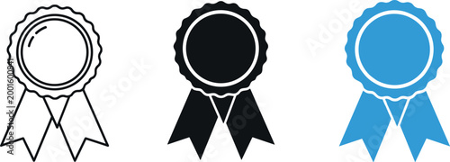 Award Medal Badge Ribbon Icon Set in Outline, Solid, and Blue Styles for Achievement, Certificate, and Recognition Vector Designs
