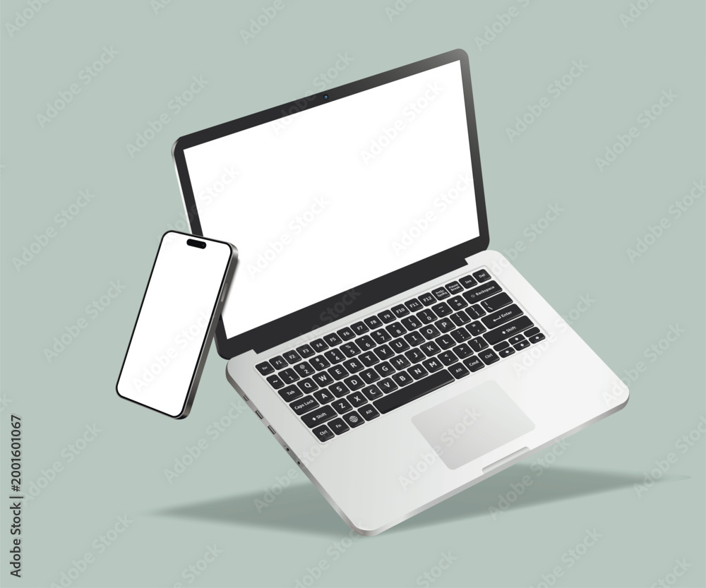 Naklejka premium Realistic levitation laptop computer and smartphone mockup