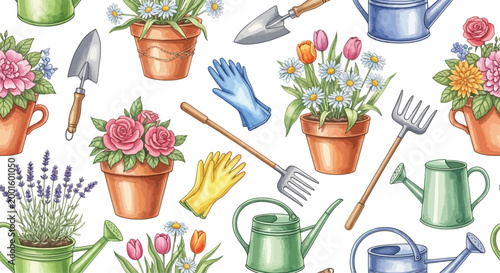 Colorful gardening tools and flowers in pots, seamless pattern watering cans gloves