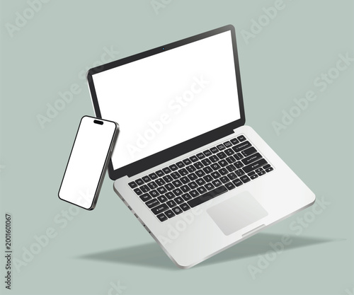 Realistic levitation laptop computer and smartphone mockup