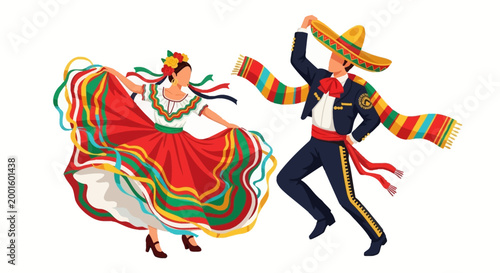 For Cinco de Mayo, a traditionally dressed couple is captured in a dynamic vector illustration, dancing with flowing, colorful costumes against a clean white background, conveying a festive