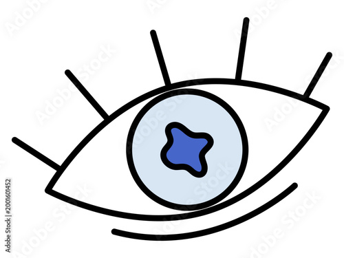 Human eye with eyelashes and blue iris vector illustration. Ophthalmology care, vision health, medical checkup, security surveillance, digital perspective, creative art. Visual organ with lashes
