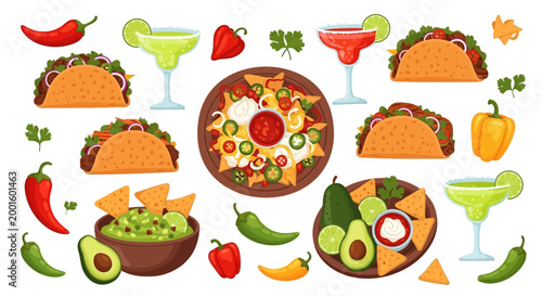 A vibrant flat lay displays a festive Cinco de Mayo spread with traditional Mexican food including tacos, nachos, and guacamole, complemented by colorful margaritas and various peppers