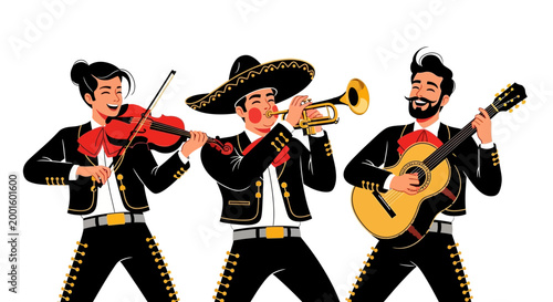 Three traditionally dressed mariachi musicians are joyfully performing with a violin, trumpet, and guitar in a vector illustration against a white background, celebrating Cinco de Mayo