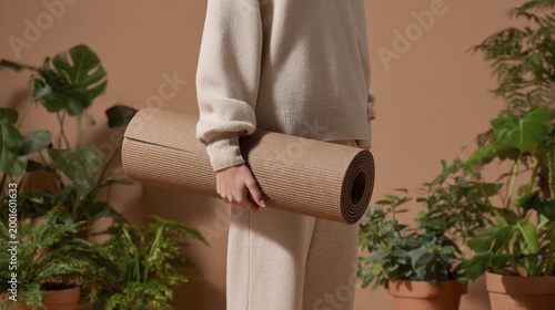 Person holding yoga mat in minimalist indoor plant setting
