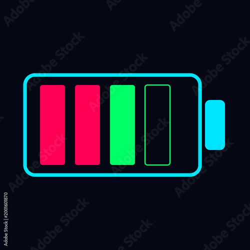 Digital battery power level indicator icon with neon cyan outline showing colorful partial charge status