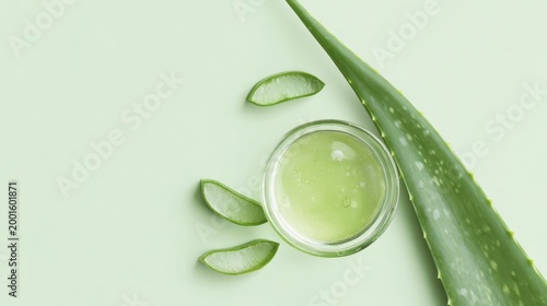 Fresh aloe vera gel with green leaves on pastel background for natural skincare concept