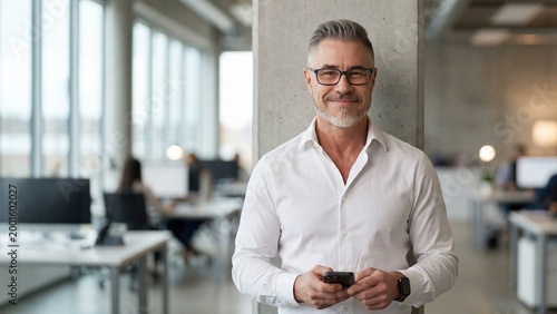 Confident, successful middle aged businessman in office. Portrait of happy mid adult man smiling. Mature entrepreneur standing in corporate workspace. Senior male in white business shirt.