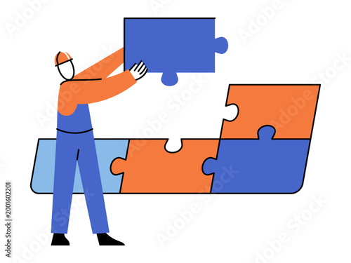 Construction worker fitting a blue jigsaw puzzle piece vector illustration. Project management, teamwork, strategy, building, success, solution. Professional builder placing the final element