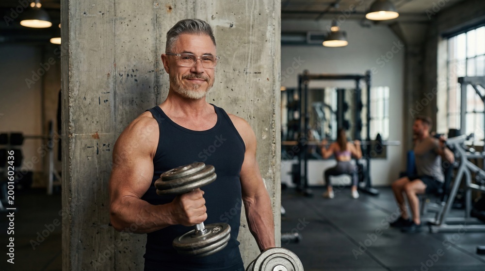 Naklejka premium Senior man doing biceps curl exercise in gym. Middle aged muscular male in 50s on weight training workout. Healthy active lifestyle, fitness in older age. Sport activity as daily routine.