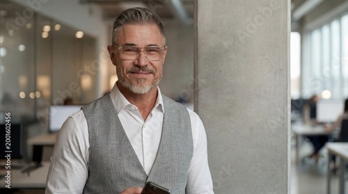 Confident, successful middle aged businessman in office. Portrait of happy mid adult man smiling. Mature entrepreneur standing in corporate workspace. Senior male in business vest and white shirt.