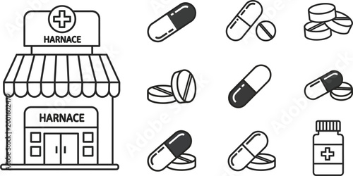 Pharmacy building with pills, capsules, and medicine bottle