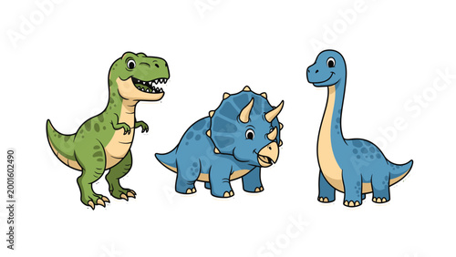 Adorable Cartoon Dinosaurs Set: T-Rex, Triceratops, and Long-Necked Dinosaur Characters on White Background