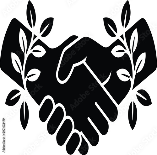 Handshake icon featuring two hands joined in a firm agreement surrounded by decorative laurel branches to symbolize a peaceful partnership and professional success in a black and white graphic style.
