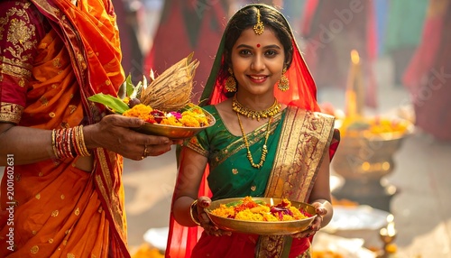 Smiling woman in traditional attire holding floral offerings