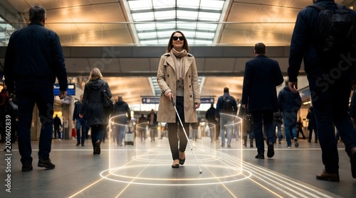 Visually Impaired Woman Navigating Train Station with Smart Cane - Inclusive Tech