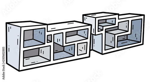Abstract geometric shelving units, modern design, light blue and white