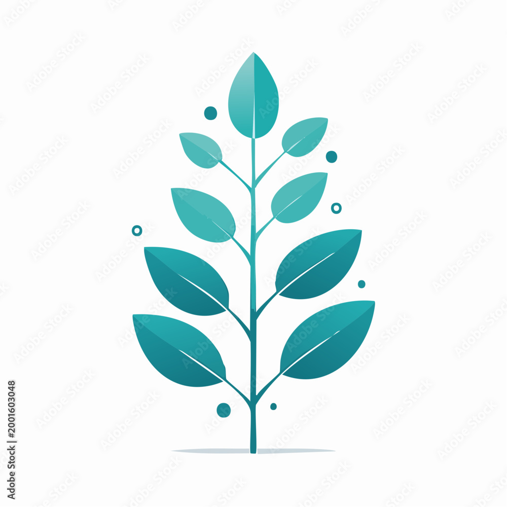 Fototapeta premium Stylized Teal Plant with Leaves and Dots